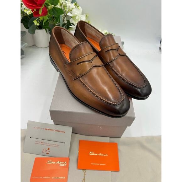 Men\'s Santoni Carlo soft furnished Leather penny loafers size 8 US made in Italy main image 10